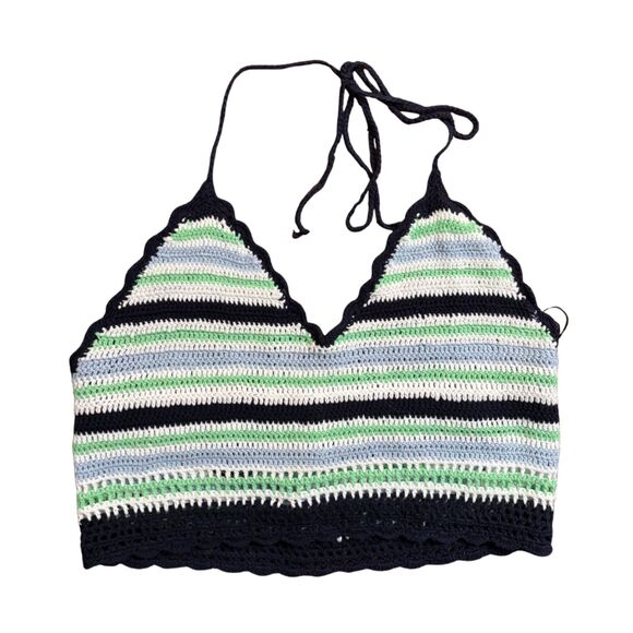 Aerie NWT Striped Crochet Knit Halter Top Blue Green White M/L Boho Summer - Picture 4 of 5